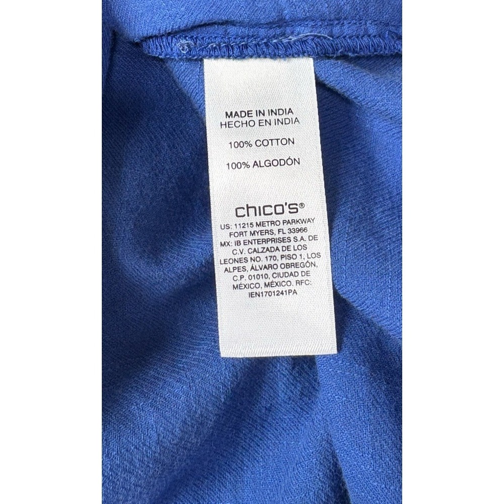 Chicos Size 2 (Large) Blue Embroidered Top V-Split Neck Bell Sleeve Lightweight - Picture 7 of 9